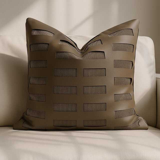 Brown 45x45 Leather Look Cushion Cover 3D Grid Cutout Pillow Modern Minimalist Faux Decor Textured Accent Sofa Throw Style - image 1