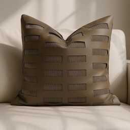Brown 45x45 Leather Look Cushion Cover 3D Grid Cutout Pillow Modern Minimalist Faux Decor Textured Accent Sofa Throw Style - thumbnail 1