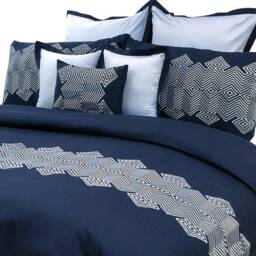 King, Queen & Twin Size Blue Decorative Duvet Cover Set, Cotton Embroidery, Chevron Modern - Navy Abstract Embroidery - thumbnail 2