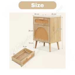 Boho Rattan Nightstand With Drawer & Storage Cabinet Wooden Bedside Table - thumbnail 4