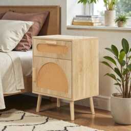 Boho Rattan Nightstand With Drawer & Storage Cabinet Wooden Bedside Table - thumbnail 3