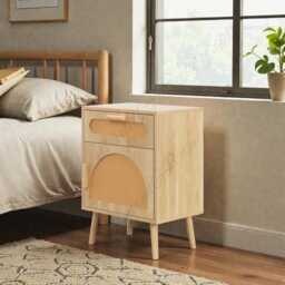 Boho Rattan Nightstand With Drawer & Storage Cabinet Wooden Bedside Table - thumbnail 2