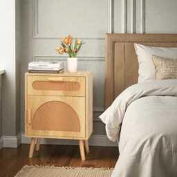 Boho Rattan Nightstand With Drawer & Storage Cabinet Wooden Bedside Table - thumbnail 1