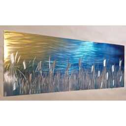 Modern, Abstract, Contemporary Metal Wall Art By R Toomer Art. Titled By The Lake. Gold, Blues, Teal & Silver. Indoor/Outdoor - thumbnail 1