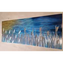 Modern, Abstract, Contemporary Metal Wall Art By R Toomer Art. Titled By The Lake. Gold, Blues, Teal & Silver. Indoor/Outdoor - thumbnail 2