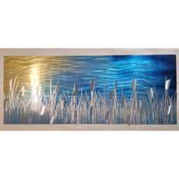 Modern, Abstract, Contemporary Metal Wall Art By R Toomer Art. Titled By The Lake. Gold, Blues, Teal & Silver. Indoor/Outdoor - thumbnail 3