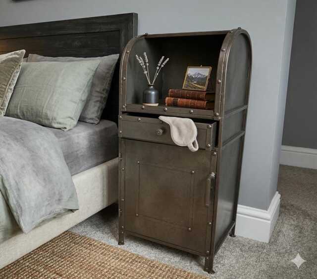 Industrial Bedside Cabinet, 1 Drawer Door Metal Nightstand, Retro Bedroom Table - image 1