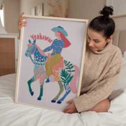 Cowgirl On Horse Folk Art Print Pink Western Wall Playful Illustrated Poster - thumbnail 3