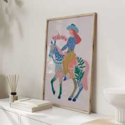 Cowgirl On Horse Folk Art Print Pink Western Wall Playful Illustrated Poster - thumbnail 2