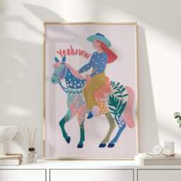 Cowgirl On Horse Folk Art Print Pink Western Wall Playful Illustrated Poster - thumbnail 1