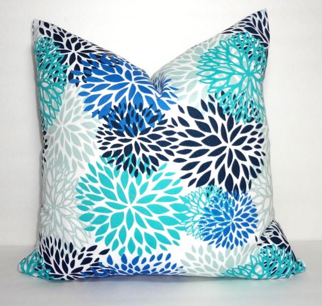 Floral Outdoor Pillow Cover Aqua, Cobalt, Navy Mums - image 1