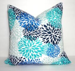 Floral Outdoor Pillow Cover Aqua, Cobalt, Navy Mums - thumbnail 1
