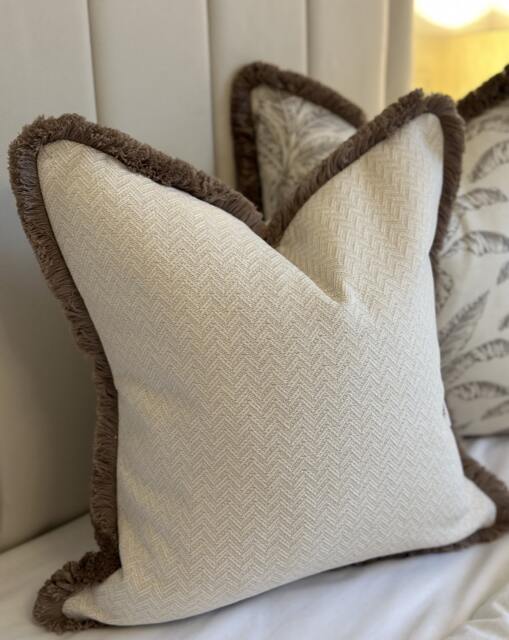 Handmade Beige Herringbone Cushion Cover With Taupe Fringe - image 1