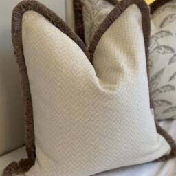 Handmade Beige Herringbone Cushion Cover With Taupe Fringe - thumbnail 3