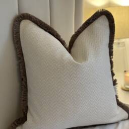 Handmade Beige Herringbone Cushion Cover With Taupe Fringe - thumbnail 2