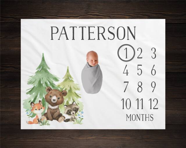 Woodland Milestone Blanket, Monthly Growth Tracker, Personalized Baby Custom Shower Gift, New Boy - image 1