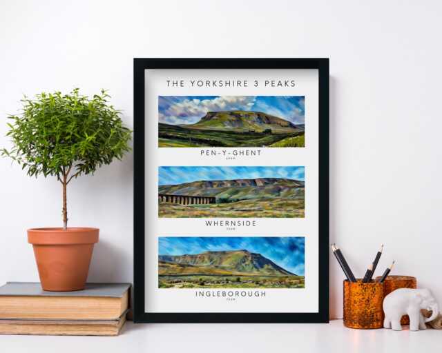 Yorkshire 3 Peaks Artwork Print & Frame Gift - Three Walk Hike Present Pen-Y-Ghent Whernside Ingleborough Painting Drawing Y3P Challenge - image 1