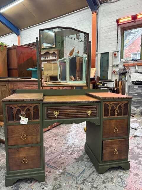 Vintage Old Charm Linenfold Dressing Table With Mirror Restored & Painted Green Oak Finish Gold Elephant Handles - image 1