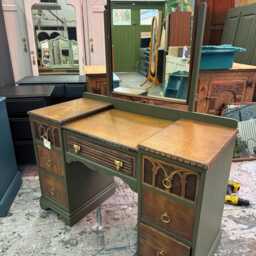 Vintage Old Charm Linenfold Dressing Table With Mirror Restored & Painted Green Oak Finish Gold Elephant Handles - thumbnail 2