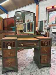 Vintage Old Charm Linenfold Dressing Table With Mirror Restored & Painted Green Oak Finish Gold Elephant Handles