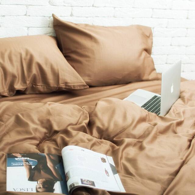 Cotton Sateen Bedding Set Of 5 Pieces in Beige. Flat Sheet, Fitted Duvet Cover, 2 Pillowcases. Twin Full Queen Au Eu - image 1