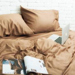 Cotton Sateen Bedding Set Of 5 Pieces in Beige. Flat Sheet, Fitted Duvet Cover, 2 Pillowcases. Twin Full Queen Au Eu