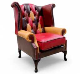 Handmade Chesterfield Queen Anne Chair Patchwork Aniline Leather