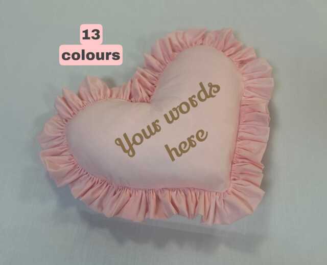 Luxury Handmade Frilled Pillow Heart Cushions Plush + Ruffles Embroidered Personalisation Font Choice 13 Colours - image 1