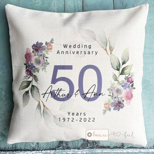 Personalised Wedding Anniversary 25Th 50Th 1St 40Th 10Th Home Purple Blush Floral Eucalyptus Design Quote Linen Style Cushion Cover