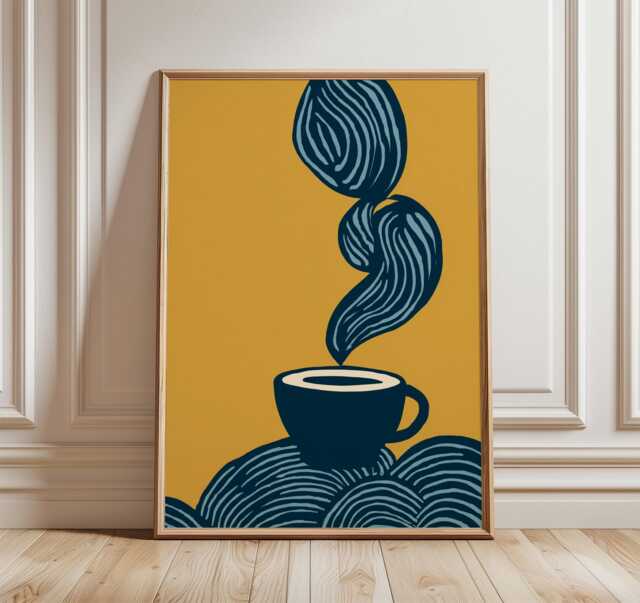 Modern Coffee Cup Poster, Abstract Minimalist Wall Art, Bold Mustard & Navy Kitchen Decor, Contemporary Print - image 1