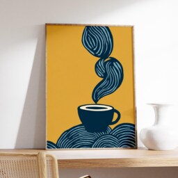 Modern Coffee Cup Poster, Abstract Minimalist Wall Art, Bold Mustard & Navy Kitchen Decor, Contemporary Print - thumbnail 2