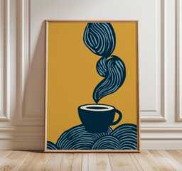 Modern Coffee Cup Poster, Abstract Minimalist Wall Art, Bold Mustard & Navy Kitchen Decor, Contemporary Print - thumbnail 1