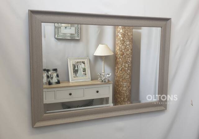 New Modern Contemporary Grey Wood Frame Wall Mirror Bevelled Glass 106x76cm Curve Design Made in UK - image 1