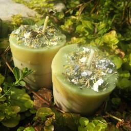 Faery Visions Ritual Candles - Two - 2 Green Loaded Soy Votives Herbal Faeries & Devic Spirits - thumbnail 2