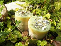 Faery Visions Ritual Candles - Two - 2 Green Loaded Soy Votives Herbal Faeries & Devic Spirits - thumbnail 1