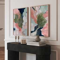Set Of 2 Abstract Organic Art Prints, Coral Inspired Wall Art, Coastal Modern Decor, Pink & Navy Contemporary Painting For Living Room - thumbnail 1