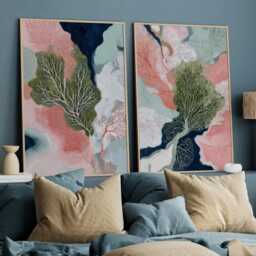 Set Of 2 Abstract Organic Art Prints, Coral Inspired Wall Art, Coastal Modern Decor, Pink & Navy Contemporary Painting For Living Room - thumbnail 2