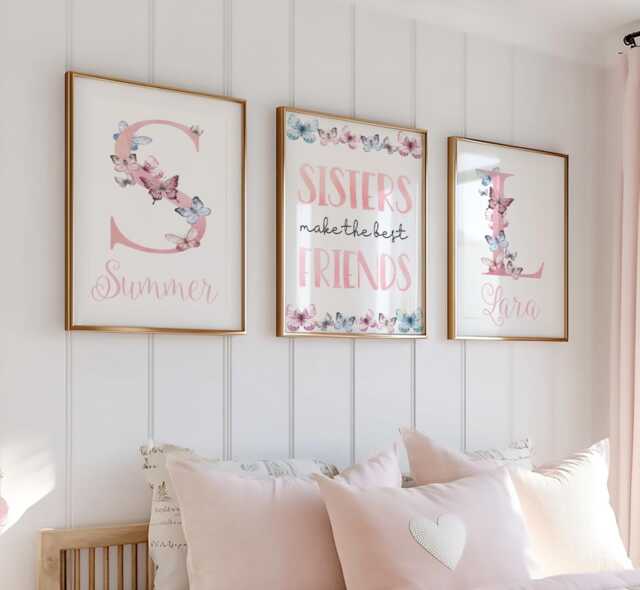 Sisters Wall Art, Make The Best Friends, Set Of 3, Personalised, Pretty Butterfly Prints, Pink, Nursery Decor, Gift - image 1