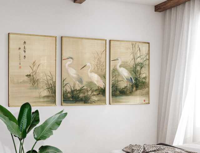 Heron Marsh Poster Set Of 3 Asian Watercolor Style Wall Art - image 1