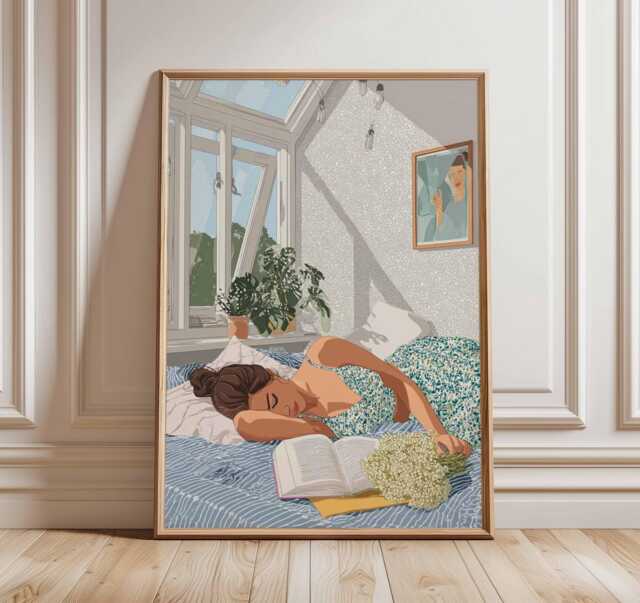 Cozy Bedroom Wall Art - Woman Reading Poster Relaxing Modern Illustration Print Boho Home Decor Calm Lifestyle Artwork - image 1