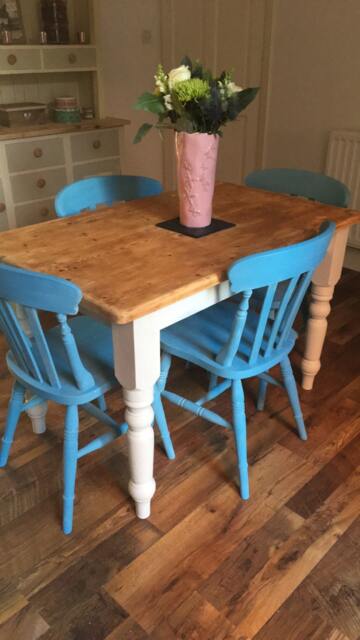 Sold Please Contact For Custom Orders - Pine Farmhouse Dining Set Table & 4 Chairs Annie Sloan Greek Blue Variation Shabby Chic Vintage - image 1