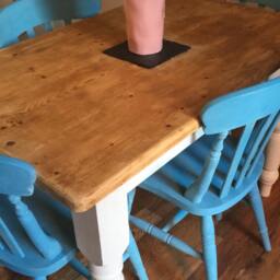 Sold Please Contact For Custom Orders - Pine Farmhouse Dining Set Table & 4 Chairs Annie Sloan Greek Blue Variation Shabby Chic Vintage - thumbnail 4