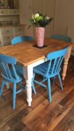 Sold Please Contact For Custom Orders - Pine Farmhouse Dining Set Table & 4 Chairs Annie Sloan Greek Blue Variation Shabby Chic Vintage