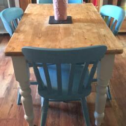 Sold Please Contact For Custom Orders - Pine Farmhouse Dining Set Table & 4 Chairs Annie Sloan Greek Blue Variation Shabby Chic Vintage - thumbnail 2
