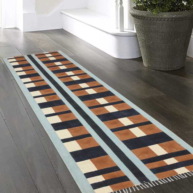 Hand Block Printed Cotton Stair Runner Rug, Navy Blue Geometric Boho - image 1