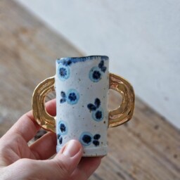 Ceramic Bud Vase With Gold Handles, Small Handbuilt Floral Ceramic For Flowers, Rustic Organic Ceramics - thumbnail 3