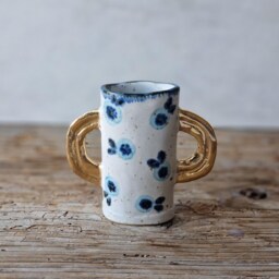 Ceramic Bud Vase With Gold Handles, Small Handbuilt Floral Ceramic For Flowers, Rustic Organic Ceramics - thumbnail 2