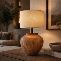 Solid Teak Wood Table Lamp - Rustic Farmhouse Bedside Nightstand Light