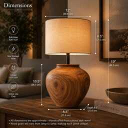 Solid Teak Wood Table Lamp - Rustic Farmhouse Bedside Nightstand Light - thumbnail 4