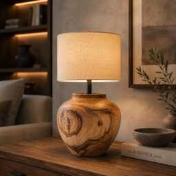 Solid Teak Wood Table Lamp - Rustic Farmhouse Bedside Nightstand Light - thumbnail 2